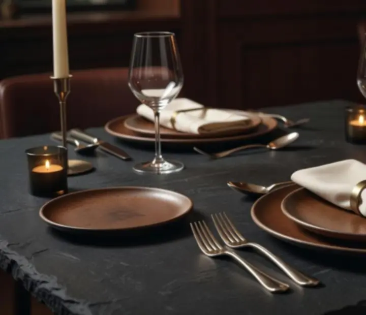 Smoked terracotta tányérok és elegáns teríték gyertyafényes asztalon