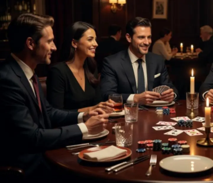 Vállalati vendégek poker-asztalnál, elegáns éttermi környezetben