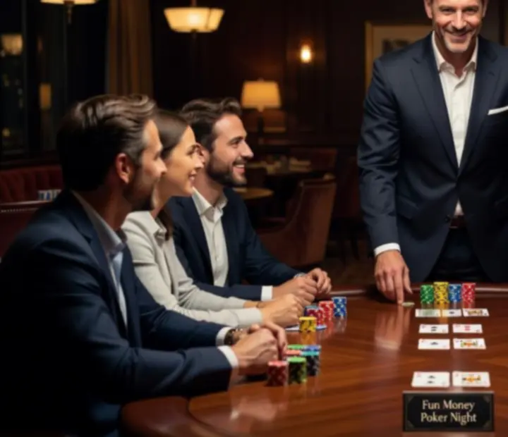 Mosolygó, profi poker host vendégeket segít egy asztal mellett