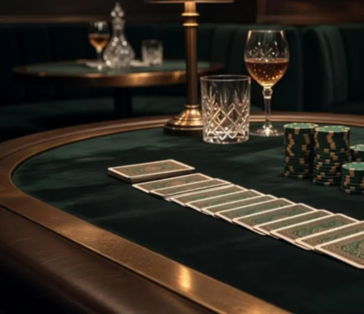 Közeli kép egy elegáns offline poker asztalról, prémium kártyákkal és zsetonokkal