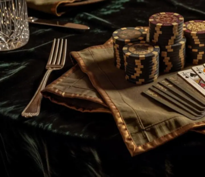 Poker-inspirált asztalterítés luxus kártyákkal és terrakotta árnyalatokkal